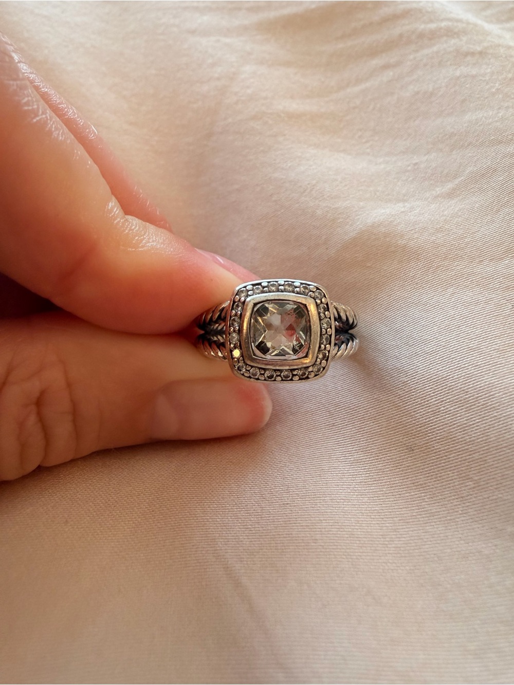 David Yurman Silver Ring with Clear Cushion-Cut Stone